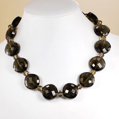 Smoky Coin Glass Crystal Necklace w/Earrings &Silver Tone Clasp 17-19″ Gift Idea