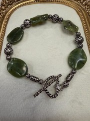 Artisan Natural Nephrite Jade Bracelet Olive Green Gemstone Silver Tone Toggle –