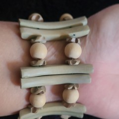 Beaded Wood Stretch Bracelet Beige Green Cord Nature Theme Asymmetrical Unisex