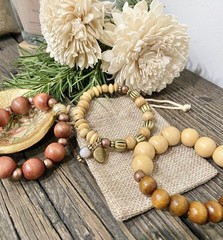 Boho Wooden Beaded Bracelet Stack, Brown, Red & Tan