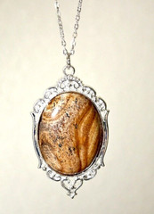 Picture Jasper Pendant Necklace Beige Brown Oval Stone Cabochon OOAK BOHO Gift