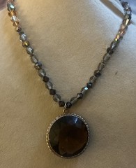 Artisan Brass Massive Smoky Quartz Pendant Crystal Glass Beaded 18” Necklace
