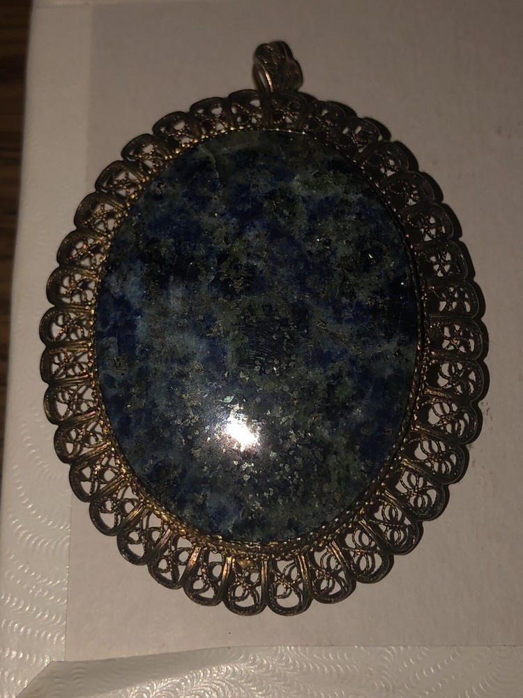 ANTIQUE GOLD on 800 SILVER CABOCHON FILAGREE PENDANT/BROOCH ITALY