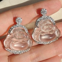 Natural Jadeite White Buddha Pendant 925 Silver with Moissanite Handmade
