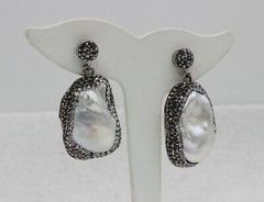 Sterling Silver Silver Pearl & Hematite Crystal Bead Drop 1 3/4″ Long Earrings