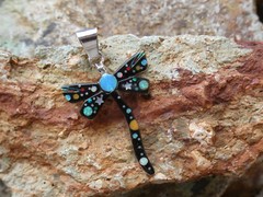 Dragonfly Moon Stars Night Sky Micro Inlay Gemstone Sterling Silver Pendant AI70