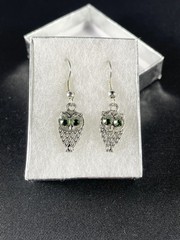 Silver Owl Dangle Earrings with Green Crystal Eyes 1 1/2” in Length