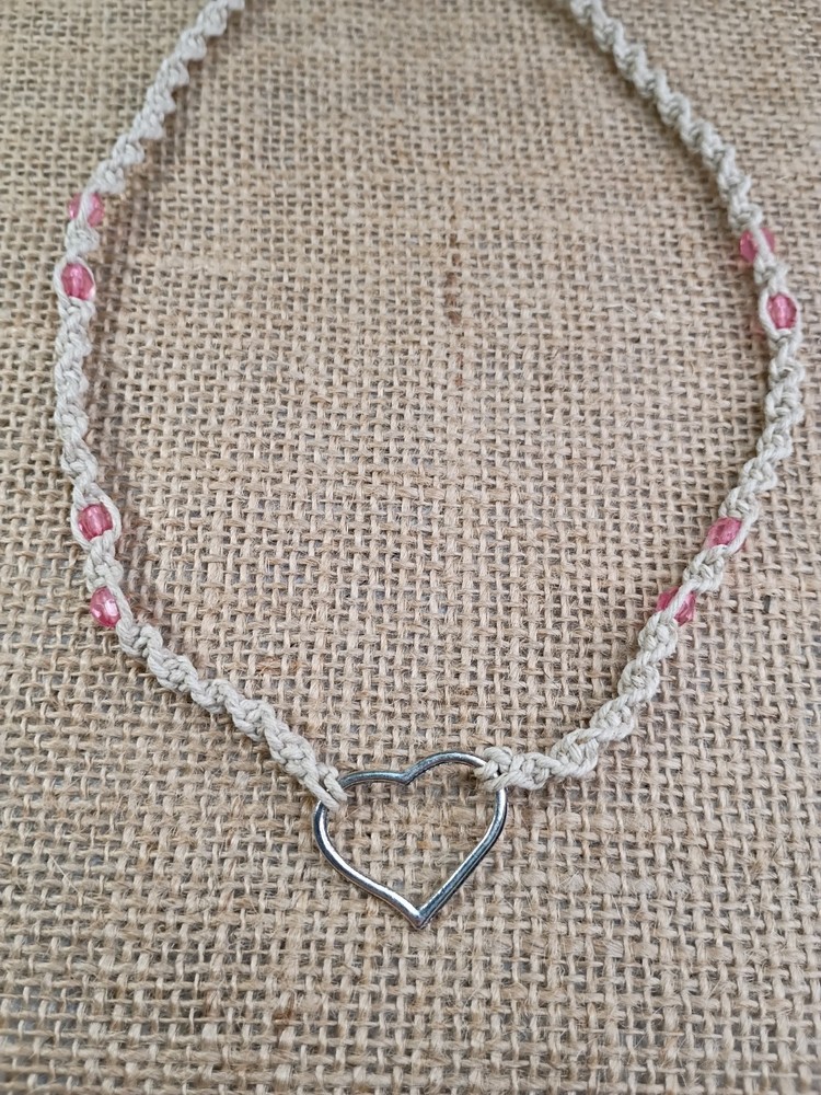 New Natural Hemp Necklace W/ Heart Charm and Pink Beads 19 – 20 in Twist Macrame
