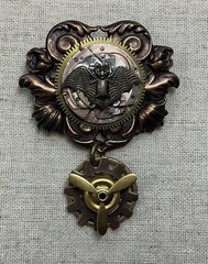 Steampunk brooch/Airship Medal- Bat On Watch Mechanism, Propeller, Gears, Copper
