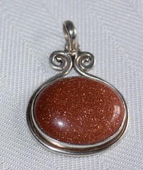 Vtg Handcrafted Sterling Silver Horizontal Oval Resin Glittery Sunstone Pendant