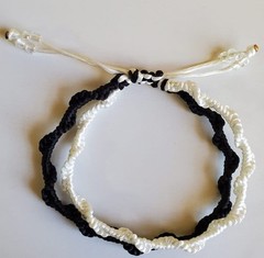 Handmade 7″ Woven Braided Rope Double Bracelet w/Beads Blck/White Adjustable New