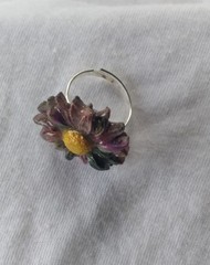 Handcrafted Silver Adjustable Polymer Clay Ring Purple Green Flower