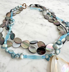 Artisan Blue Glass, Pearl, Shell Bead 3-Strand Pendant Toggle Necklace 17″