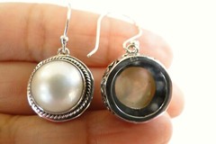 White Mabe Pearl Scroll Design Edge 925 Sterling Silver Dangle Drop Earrings