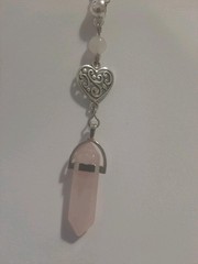 Genuine ROSE QUARTZ DT Crystal Point & Bead Filigree HEART Pendant Wicca Reiki