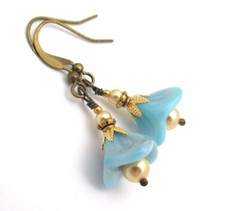 Aqua Blue Earrings Flower Antiqued Brass Dainty Beaded Jewelry Birthday Gift