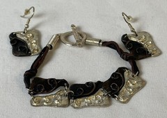 90s Artisan Abstract Jewelry Set Earrings Bracelet Swirl Bronze Silver Rustic