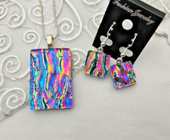 Handcrafted Fused Glass Multicolor Dichroic Glass Pendant and Earring Set
