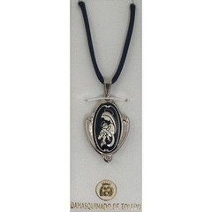 Damascene Silver Virgin Mary Oval Pendant Necklace by Midas of Toledo Spain
