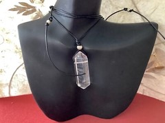 Quartz Crystal Point Pendant with Black Leather Cord Adorned with S.S. Beads.