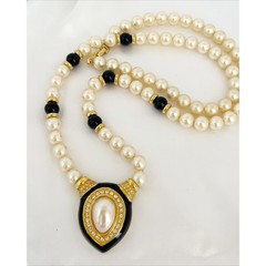 NAPIER Long Faux Pearl Black Enamel Gold Tone Necklace 1980s Vintage Jewelry