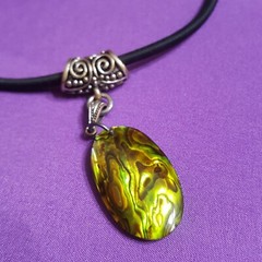 Hand Made Black Cord Choker Necklace w Beautiful Oval Green Gold & Brown Pendant