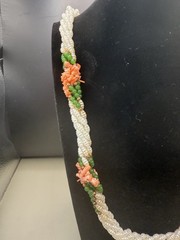 Vintage Japan Style 6 Multi Strand Faux Pearl Necklace w/green&pink accents 16″