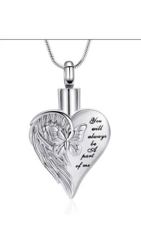 Angel Wing Butterfly Print Heart Urn Pendant Necklace Cremation Ashes Jewelry
