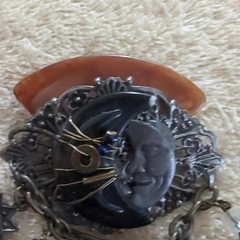 Handcrafted Silver Tone Brown Agate Mixed Media Art Brooch Pin with Charms
