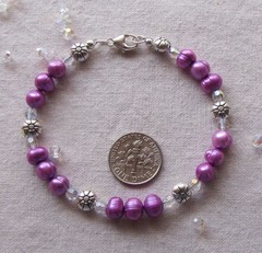 Hot Pink Freshwater Pearl Bracelet, AB Crystal, Pewter Flower Beads, Gift Box