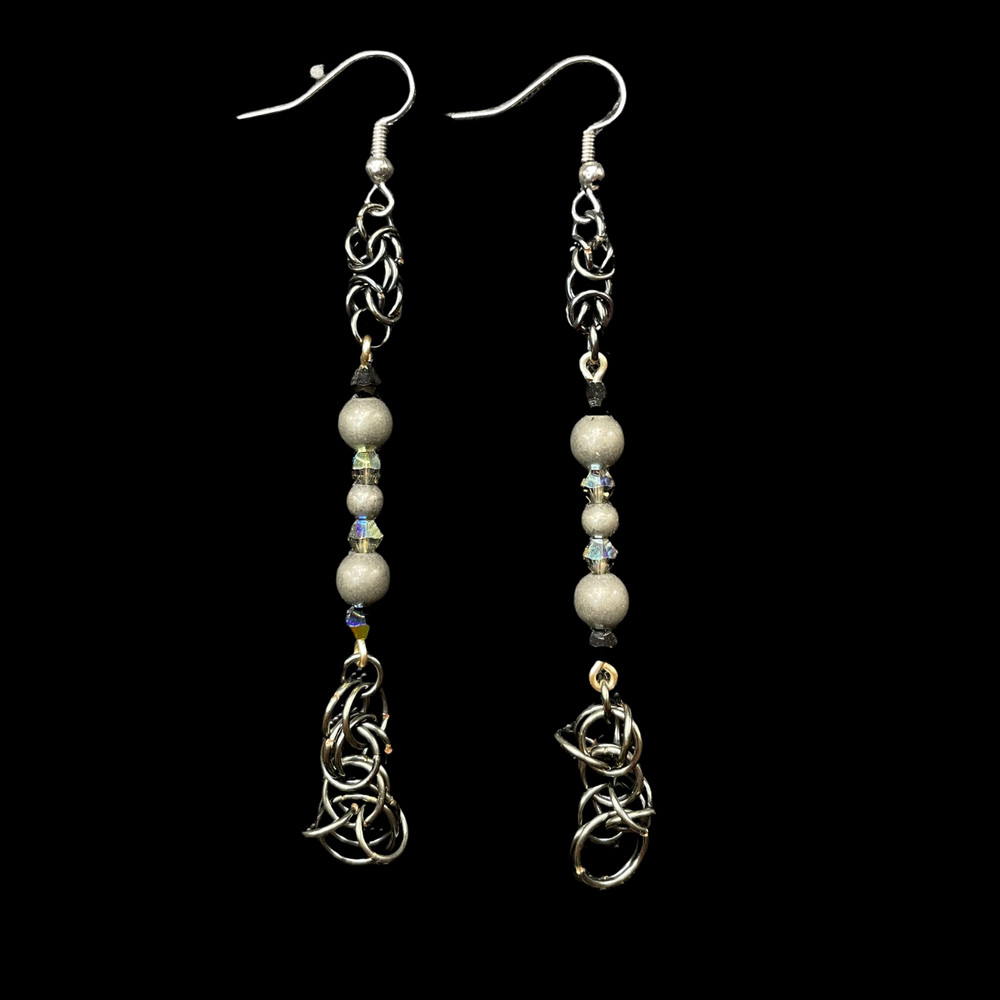 Black Chainmaille Earrings w/Gray Beads, Black & Smoky Crystals 3.5 in.