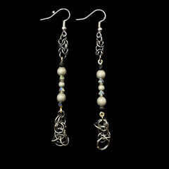 Black Chainmaille Earrings w/Gray Beads, Black & Smoky Crystals 3.5 in.