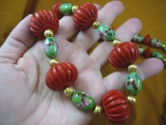 V-281) big Red Cinnabar green Cloisonne gold 41″ Necklace + 4 pairs earrings set