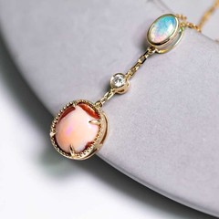 Egg Fire Opal & Australian Opal Diamond Necklace 14K Yellow Gold