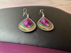 String Art Earings Tear Drop Shape Purple Greens 2″ Drop