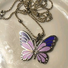 Silver Plated Purple Pink Enamel Butterfly Necklace Rope Chain Vtg Style