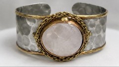 Vintage Brutalist Artisan Cuff Bracelet Rose Quartz Pearl Mixed Metal Boho