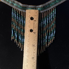 Handcrafted Beaded Fringe Necklace Green Blue Gold Glass Beads Beaded Loop 14″