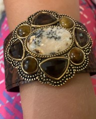 Barse Signed Brown Leather Tooled Cuff Bracelet Multi Stone Bronze Bezel