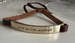 NWT Far Fetched Leather Cuff Bracelet Engraved Silver “Live In The Moment”