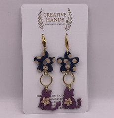 Handmade Black Flower Cat Dangle Earrings Polymer Clay Gold Hook Jewelry
