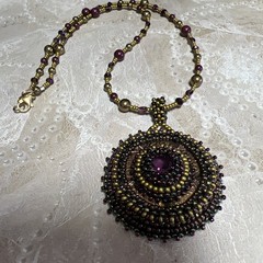 Handmade Bead Embroidery Pendant Glass Stone Beaded Rope Necklace GF Clasp