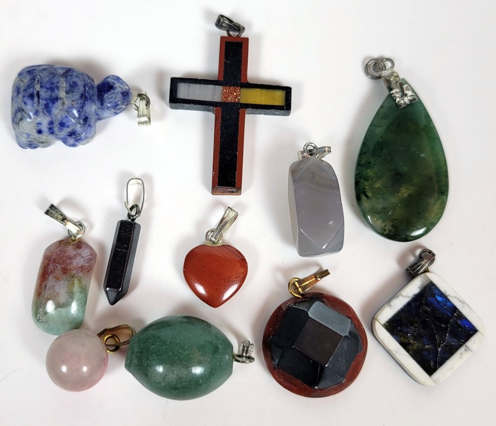 Lot of 11 Polished Stone Gemstone Art Glass Pendants ~ Cross, Turtle, Heart