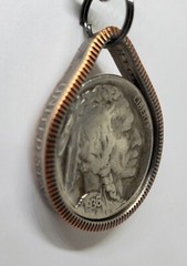 Teardrop Pendant made from Buffalo Nickle & US quarter coin ring 24 in chain
