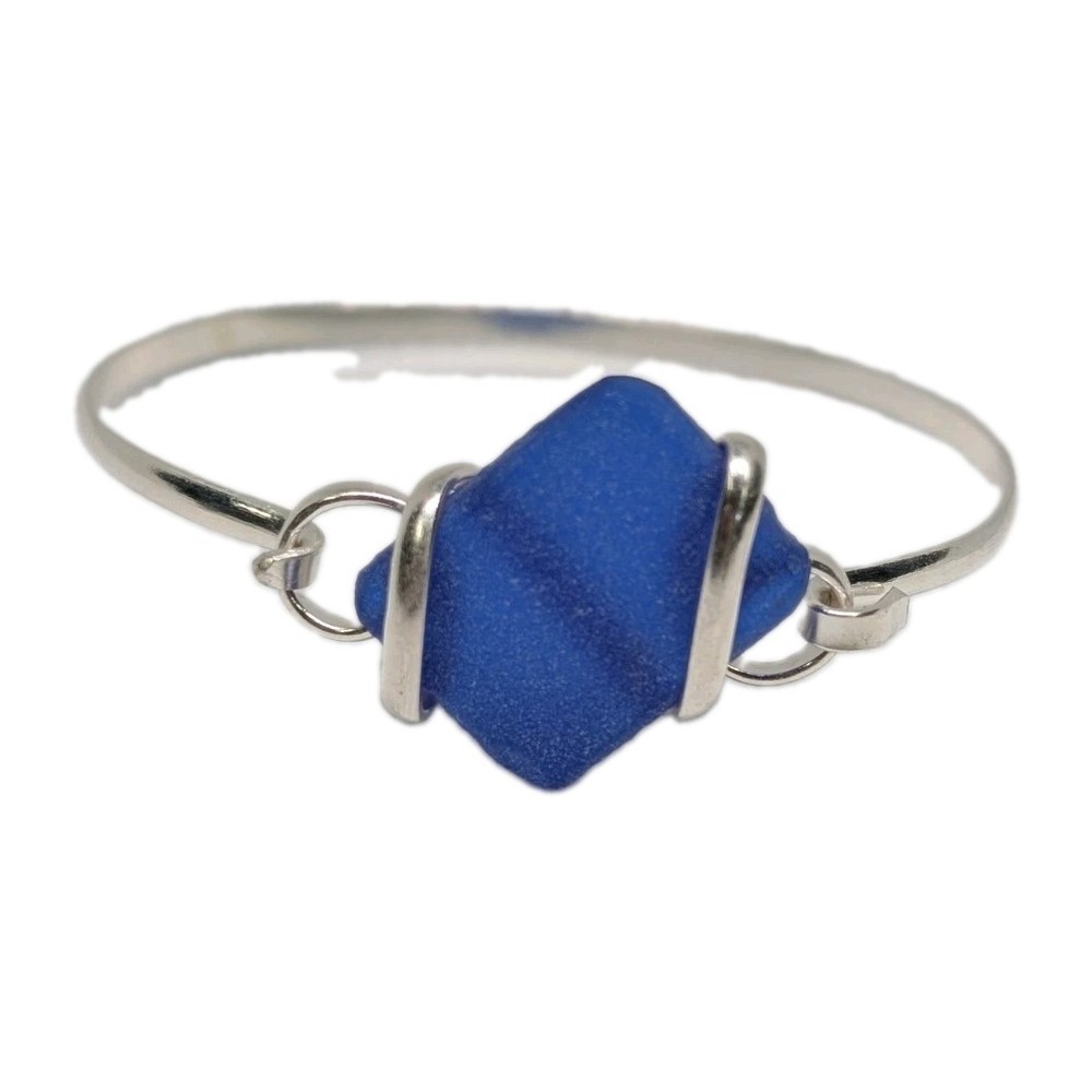 Dark Blue sea glass bangle handmade In Mexico, silver plated alpaca