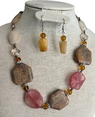 Natural Gemstone Pink Agate Jasper Quartz Necklace Earrings Set 20-23”