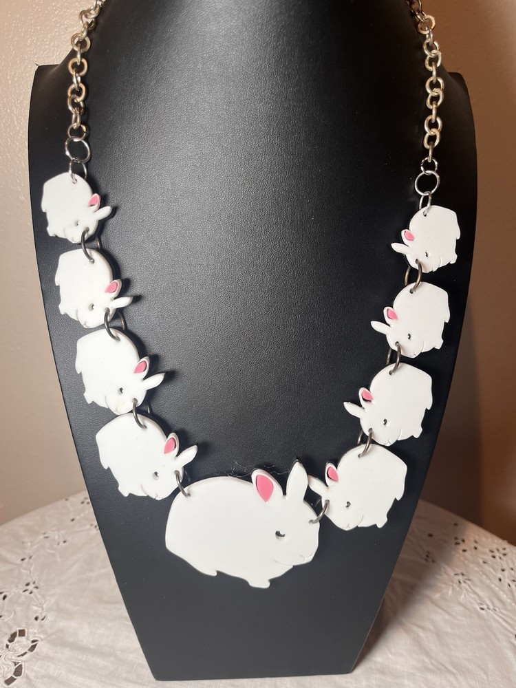 Baccurelli Iconic Huge 9 White Bunnies Acrylic Statement Necklace Hand-Signed