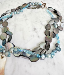 Artisan Blue Glass, Pearl, Shell Bead 3-Strand Pendant Toggle Necklace 17″