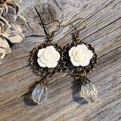 Lacy Bronze Filigree White Rose Cabochon Teardrop Cut Crystal Earrings