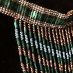 Handcrafted Beaded Fringe Necklace Green Blue Gold Glass Beads Beaded Loop 14″